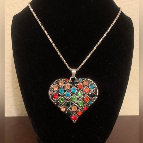 Silver tone heart pendant with multi-colored crystals - Picture 1 of 5